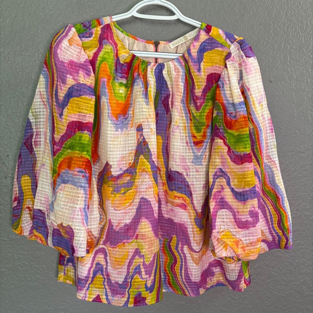Marie Oliver Harly Pastel Marble Print Puff Sleeve Blouse Linen Blend Small